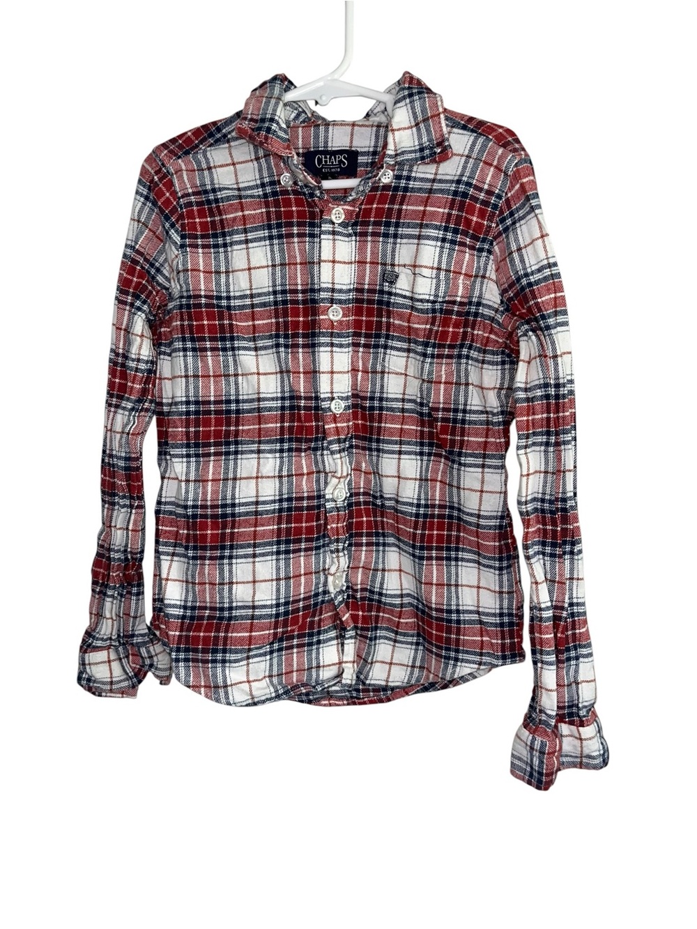 Chaps Boys Size 7 Red White Blue Plaid Flannel Button Up Shirt